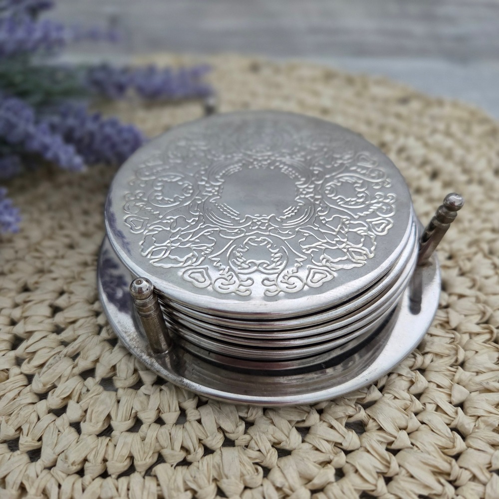 Vintage Metal Coasters Silver Embossed Floral Set of 6 with Holder